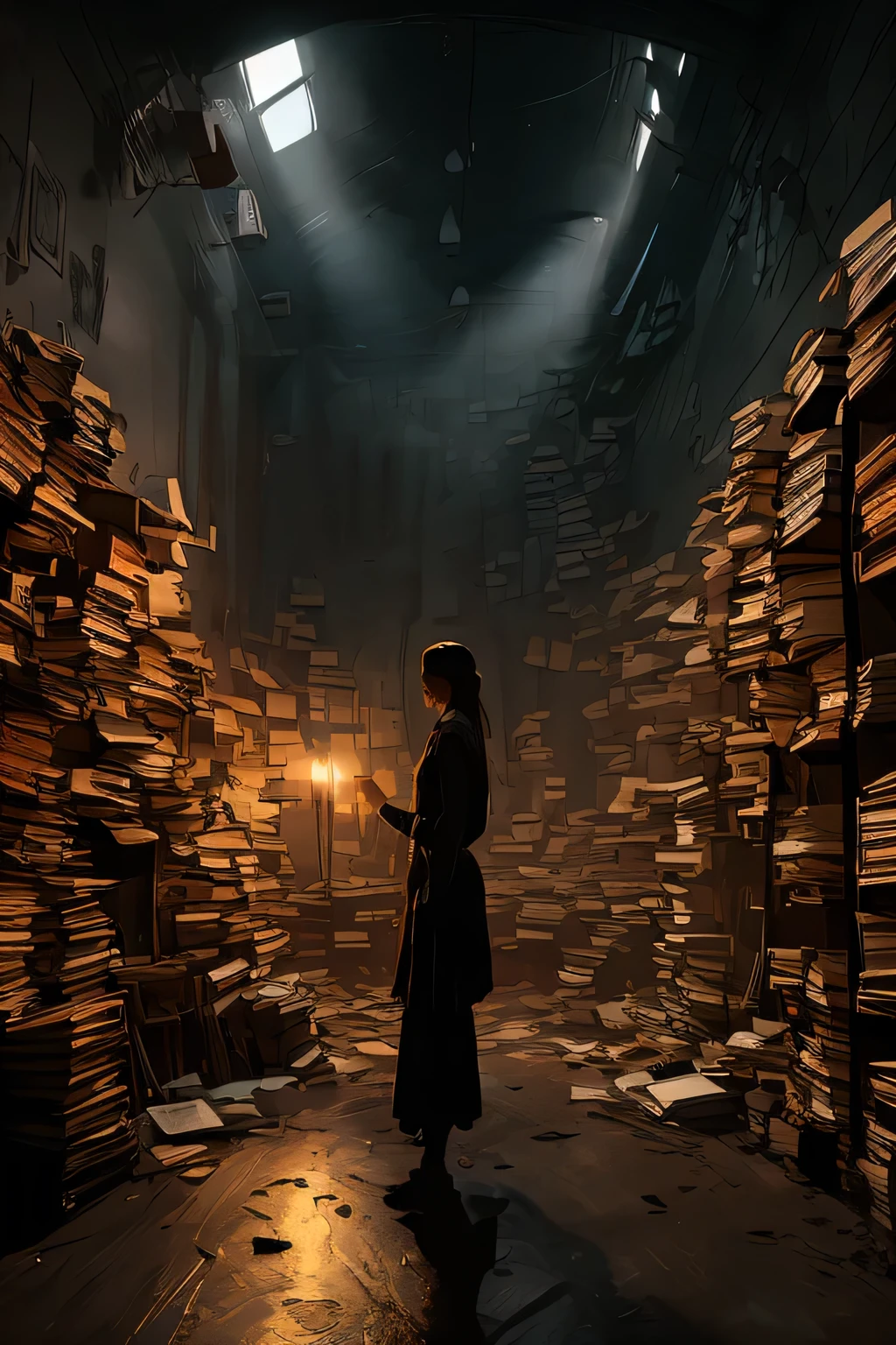 (best quality, masterpiece, 1girl, dark world, black wall, stacking small colorful books, focused, highly detailed, dramatic lighting), ((Pitch black space, Pitch black walls))