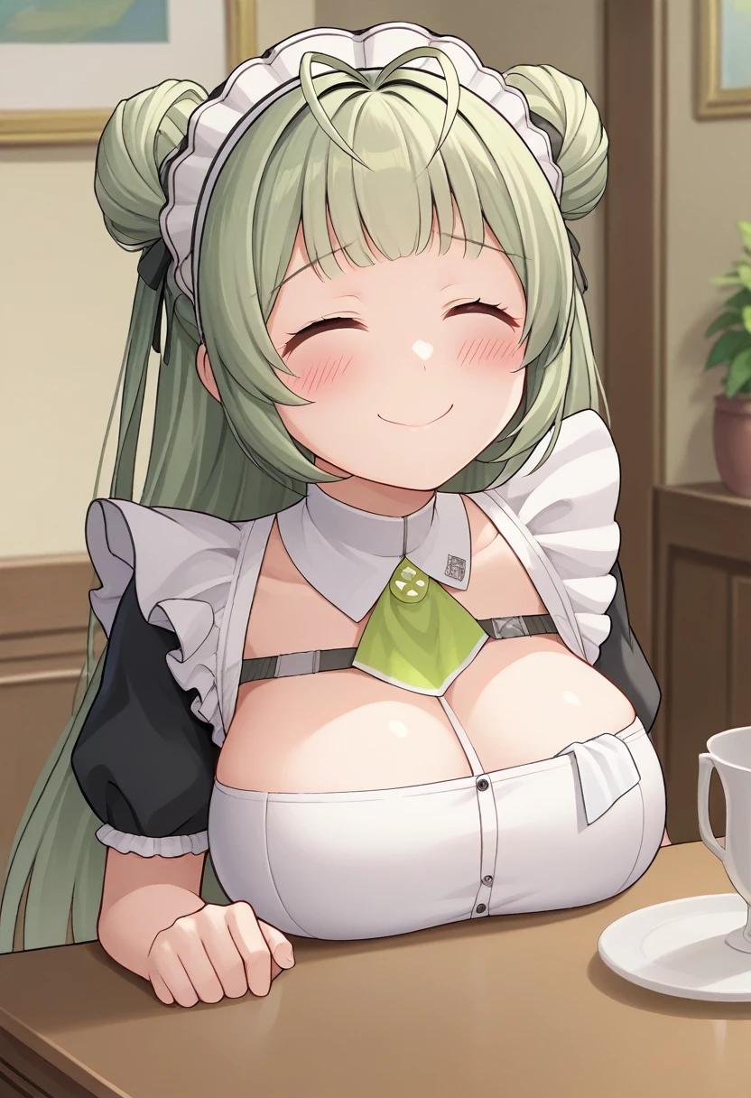 head on table, score_9, score_8_up, score_7_up, source_anime, BREAK 1girl, sdrnd, green hair, long hair, bangs, double bun, antenna hair, blush, , smile, shy, embarrassed, smile, , maid, mansion, room, from bellow, seductive smile, table, happy, very happy,, head portrait, portrait, only head, big breasts,, close up, closed eyes, head up, looking up, closed eyes, swallow, swallowing, neck, closed mouth

