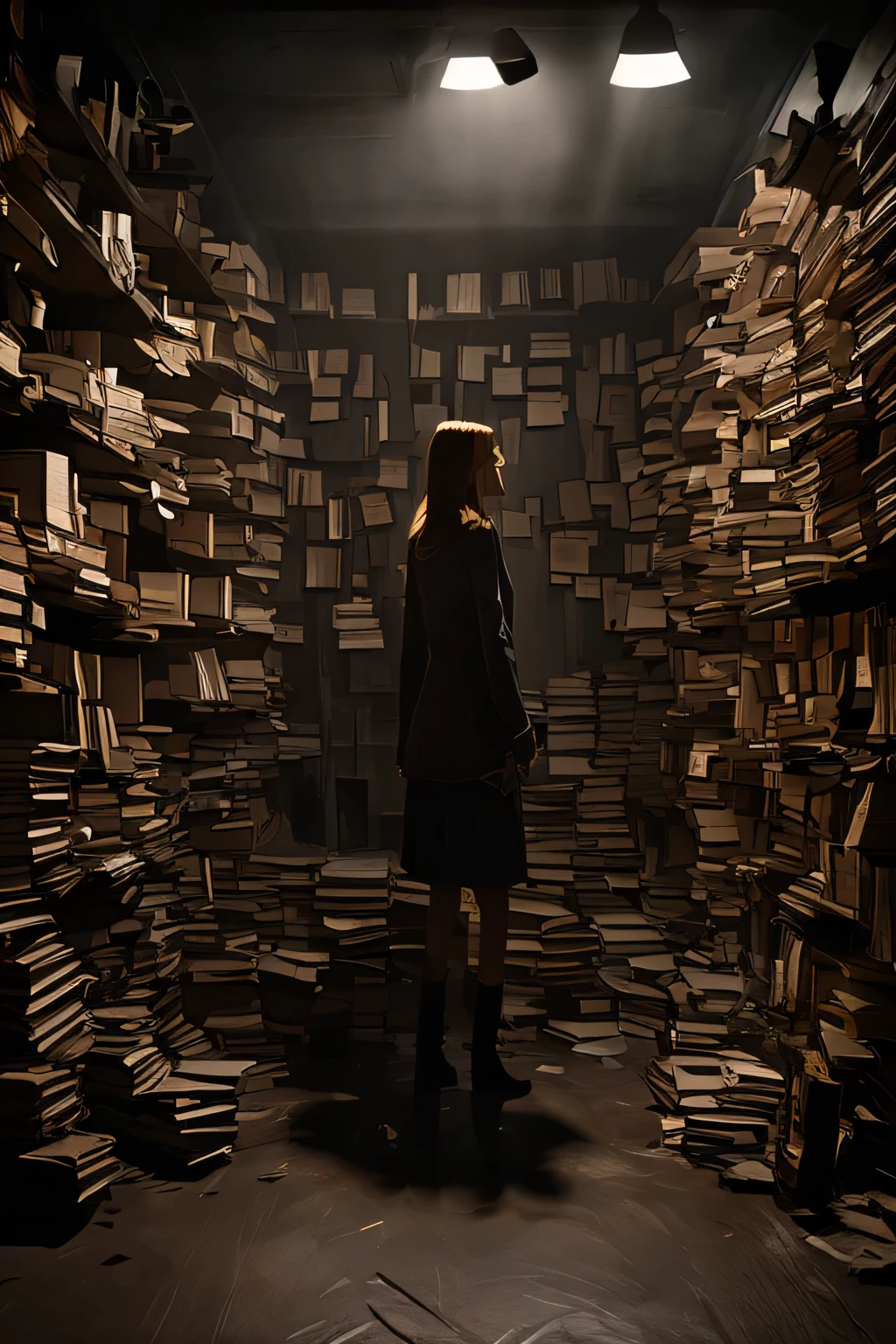 (best quality, masterpiece, 1girl, dark world, black wall, stacking small colorful books, focused, highly detailed, dramatic lighting), ((Pitch black space, Pitch black walls))