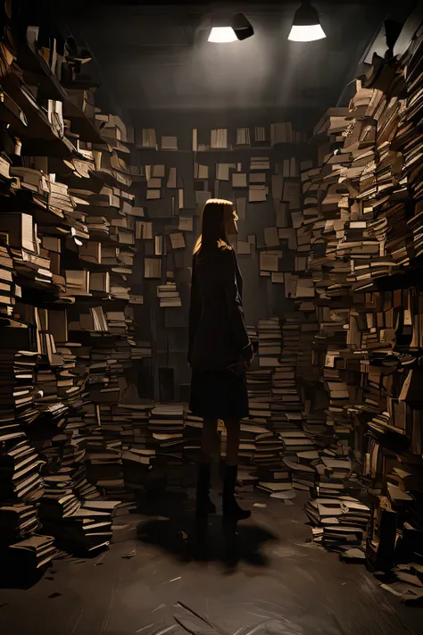 (best quality, masterpiece, 1girl, dark world, black wall, stacking small colorful books, focused, highly detailed, dramatic lig...