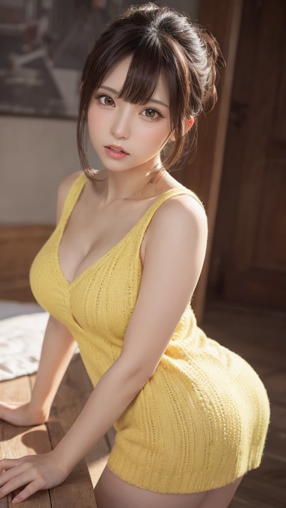 masutepiece, Best Quality, Illustration, Ultra-detailed, finely detail, hight resolution, 8K Wallpaper, Perfect dynamic composition, Beautiful detailed eyes, Natural Lip, yellow knitted dress , Big breasts, cleavage , Random (very sexual poses) , show me your sexy butt