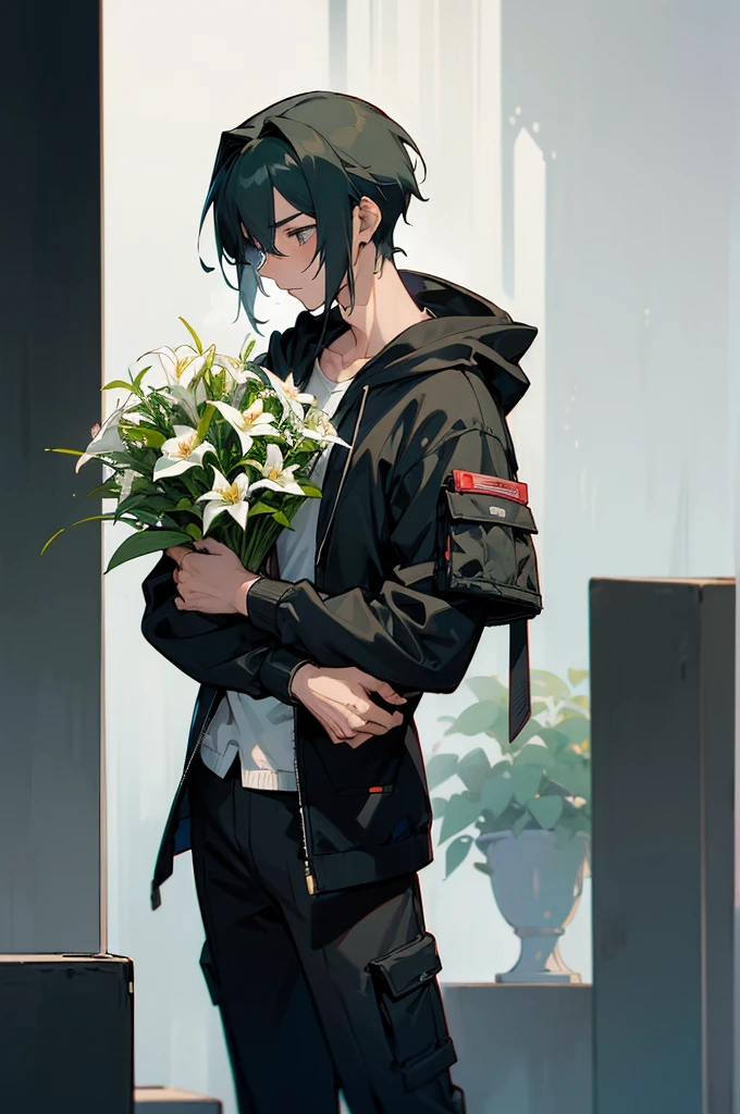 (((Young man with a bouquet))), Bouquet of lilies.  From the waist up, Overlooking, with index finger, wise ( Valuing ), zerochan, by Kamagurka, wataru kajika, anime character, the truth of the matter, 2 d anime style, detailed anime character art, anime moe artstyle, cyberpunk anime girl in hoodie, anime style character