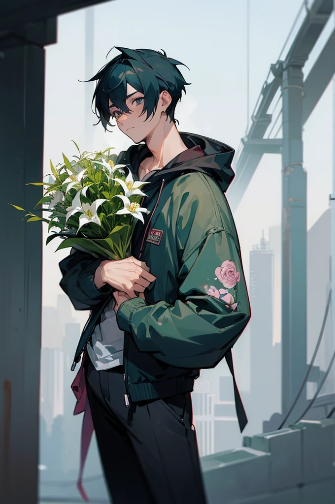 (((Young man with a bouquet))), Bouquet of lilies. From the waist up, Overlooking, with index finger, wise ( Valuing ), zerochan, by Kamagurka, wataru kajika, anime character, the truth of the matter, 2 d anime style, detailed anime character art, anime moe artstyle, cyberpunk anime girl in hoodie, anime style character
