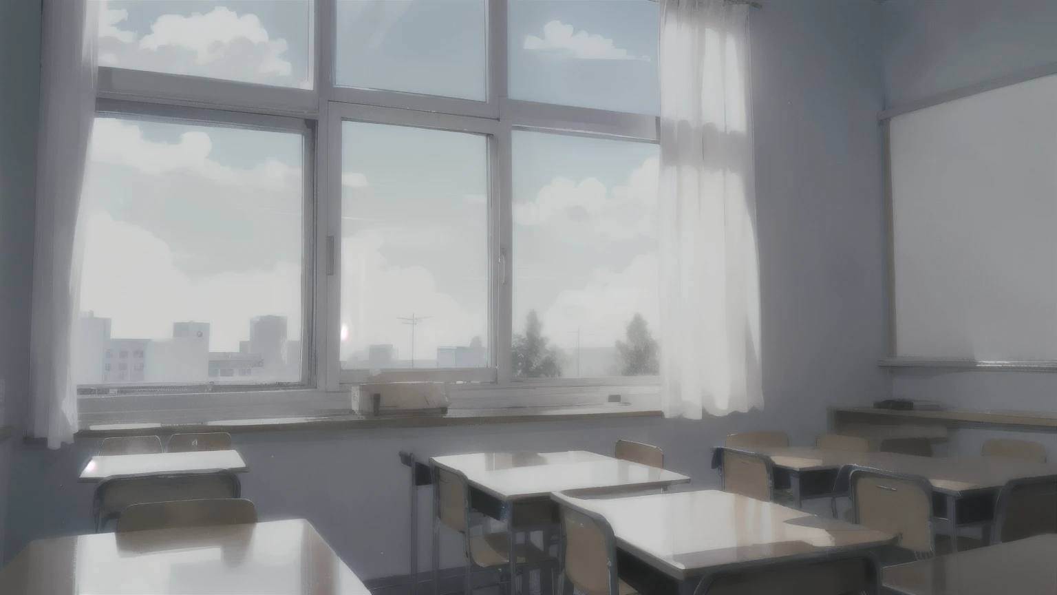 The clear blue sky outside the classroom window