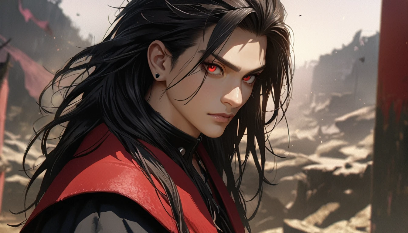 masterpiece, best quality, , 1boy, solo, male focus, looking at viewer, upper body, depth of field, anime coloring, realistic, gajeel_redfox, black hair, red eyes, long hair, piercing, , The Valley of the Damned, 12k resolution