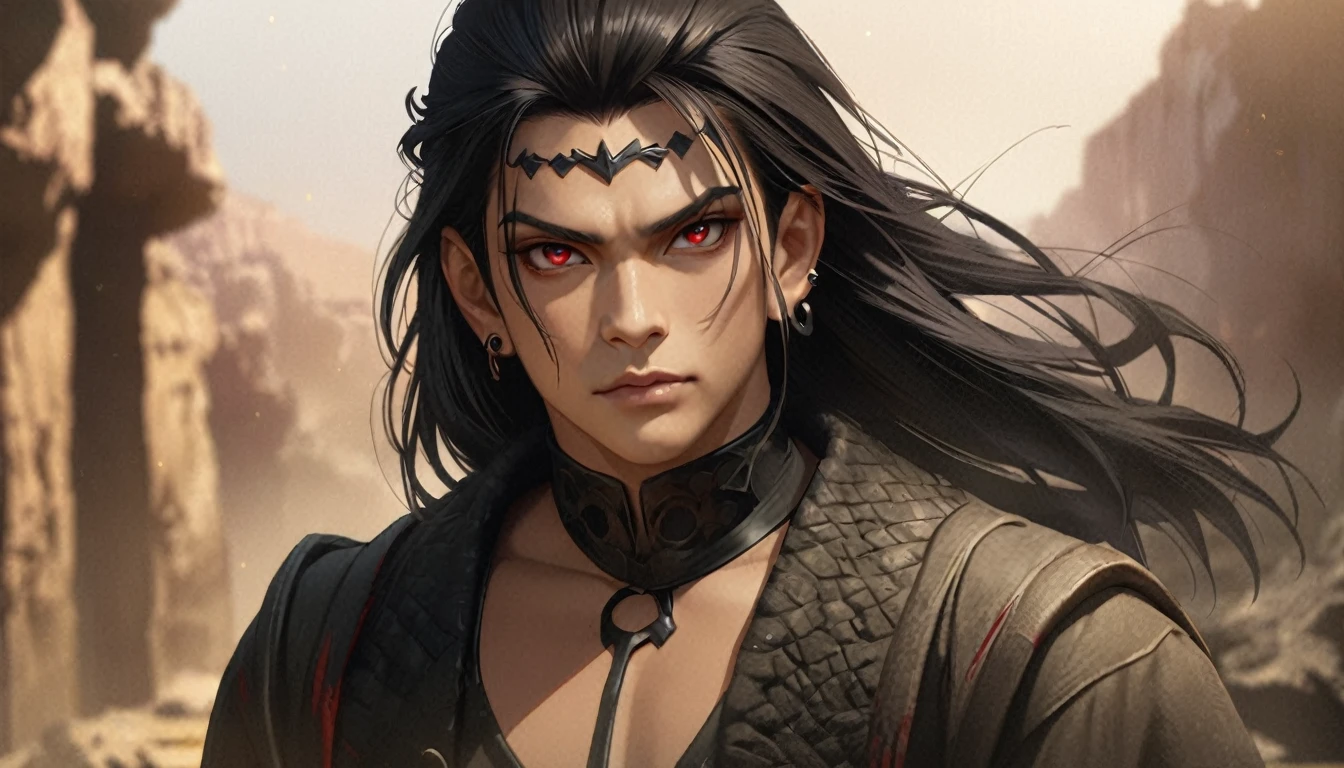 masterpiece, best quality, , 1boy, solo, male focus, looking at viewer, upper body, depth of field, anime coloring, realistic, gajeel_redfox, black hair, red eyes, long hair, piercing, , The Valley of the Damned, 12k resolution