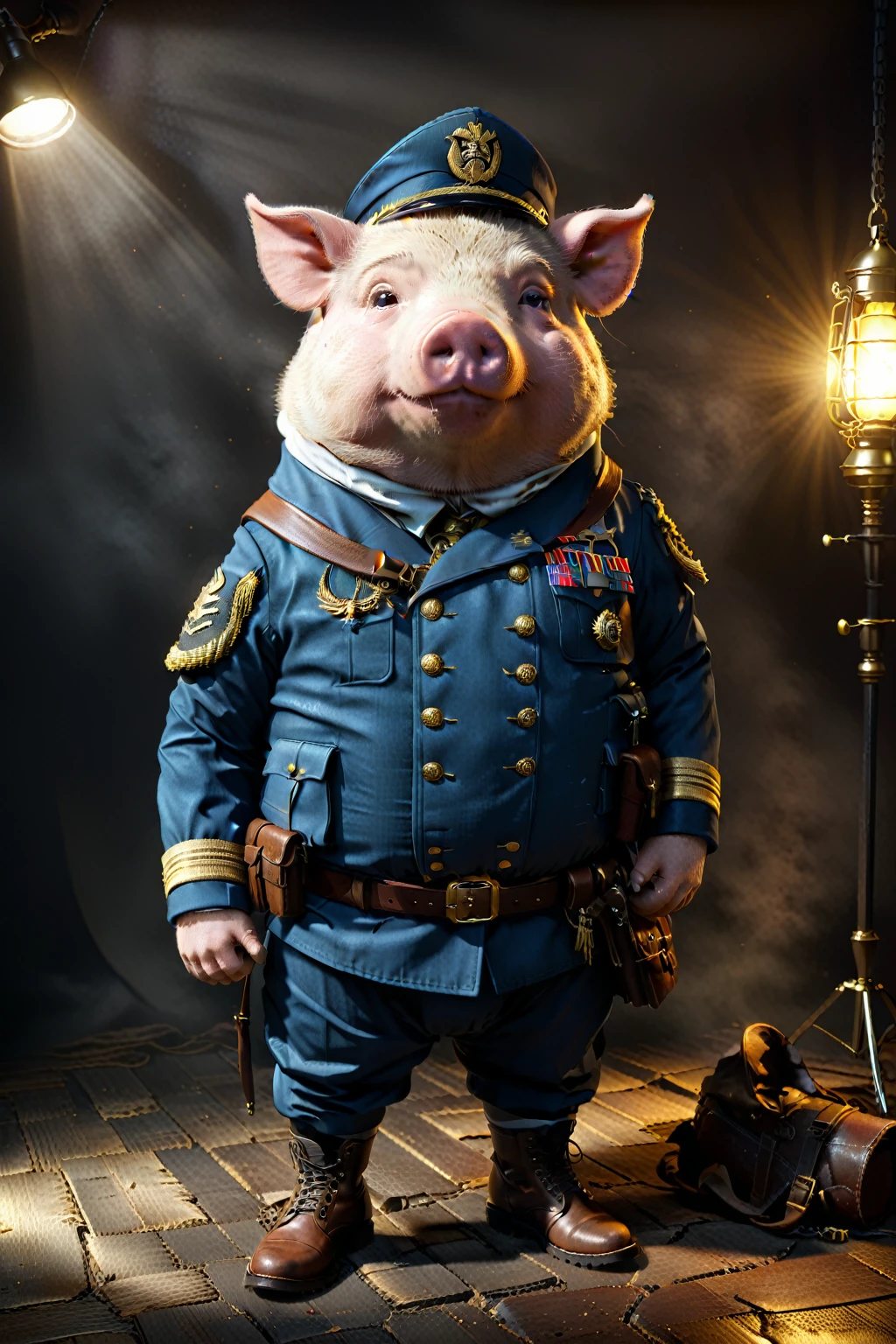 So you can edit it later、Leave space above your head。
A stern and cocky look。
 An anthropomorphic pig dressed in a navy blue combat uniform with flashy colorful accessories.。
 Fat and chubby、Big face、Realな顔 
青色の背景に怪しげな煙、A mysterious blue light pierces it, and the light shines on the character, making it clearly visible.。
Battle-tattered clothes and dirty faceasculine look。
 Create an image with this composition according to the following rules:。 
High resolution textures、Texture、Realなディテール、 The background is dark、There is a mysterious atmosphere、Dramatic lighting High contrast images、Very high resolution。
 Create a realistic card game pattern。 
The design will be surrounded by a border、80 from the center of the space so that the character is not hidden%Please。
 Use indirect lighting and textured backgrounds。 Make the central character stand out。 Full body portrait、Dynamic pose。 
にかくテクスチャがRealで細かいファッションの服。 Fashionable sneakers、boots、Sandals、hat、Smoke Accessories Necklace、Earrings、ring、bandana car、bike、Tattoos etc.、Choose according to your outfit and mood。 Real、8K (masterpiece、Highest quality、high detail、超Real:1.2)、 Anthropomorphic animals、Full body portrait (Photorealistic:1.4), Cinematic lighting, 8K  UHD、 Professional Photography、 (詳細な毛皮のTexture:1.3), Expressive eyes、 Designer clothing、Luxury Brands、 (Perfect tailoring:1.2), High Fashion Accessories、 Moody atmosphere、Dramatic Shadows、 High contrast lighting、Depth of written boundary、 Film Grain、Color Grading、 (Color Palette：1.3）、（Calm earth colors：1.2）、 (Rich Brown：1.1）、（Deep Gray：1.1）、（subtle gold accents：1.0）、 (warm color：1.1）、（Color harmony：1.2）、 (Soft diffused lighting：1.2）、（Rim lighting：1.1）、 (Volumetric Lighting:1.0), (Ambient Occlusion:1.1)