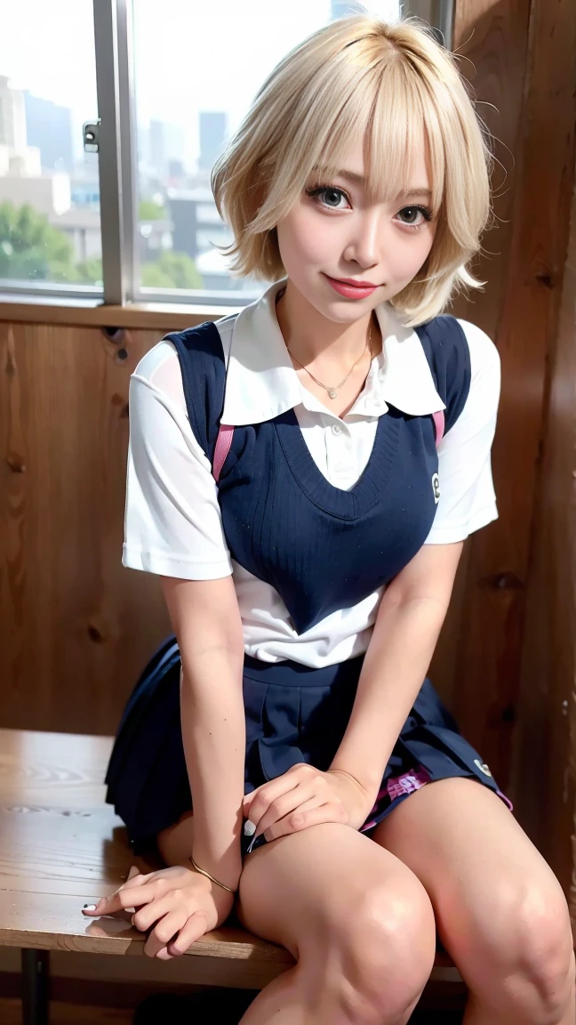 Heavy makeup,,smile,blonde,Wavy Short Hair,Japanese,Polo shirt,, Pleated skirt, Micro Mini Skirt, loafers, whole body,Beautiful thighs,Sitting,(Real schoolgirl:1.3),(Honor student),Classroom during lesson,Spread your legs,blue eyes:1.1,necklace、bracelet