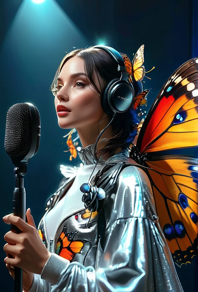 A woman with butterfly wings holding a microphone, (best qualityer, 4K, 8K, high resolution, Masterpiece artwork: 1.2), ultradetailed, realisitic, fotorrealisitic, foto- realisitic: 1,37, 3d, proffesional, bright coloured, studio lighting