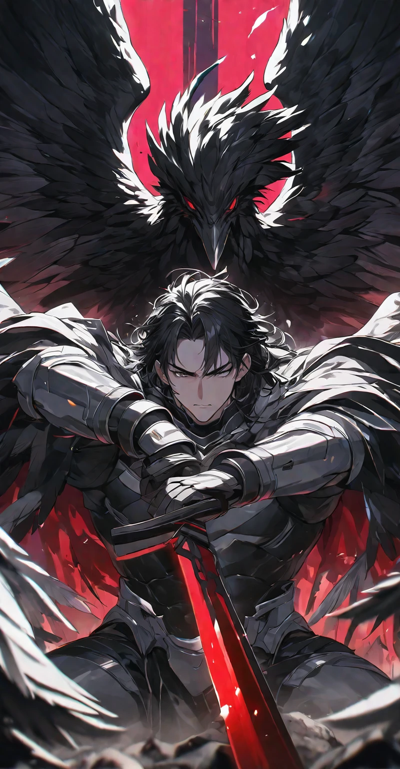 Best quality, one, beautiful, 1 man, tall man, with a sporty body, V-shaped body, wide shoulders, black detailed armour with bright white details, 10 black feathered wings, long hair, black hair covered with dirt and charcoal, neon white pupils (white eyes), the man has a huge sword in his hand, in a fighting position, against the background of Black miasma with shades of red