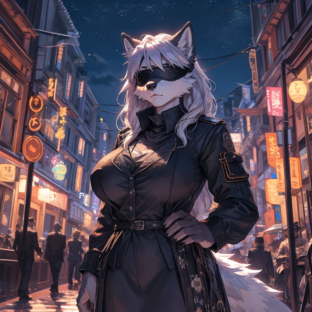 a single wolf girl with a black suit standing in middle of the night with a gun, 1girl, humanoid, anthro girl, furry girl, wolf ears, white hair, black blindfold, night in the city, poker face, no eyes, black suit, voluptuous, huge breast, beautiful background, 4k, insanely detailed, beautifully lit, masterpiece, best quality, ultra-detailed