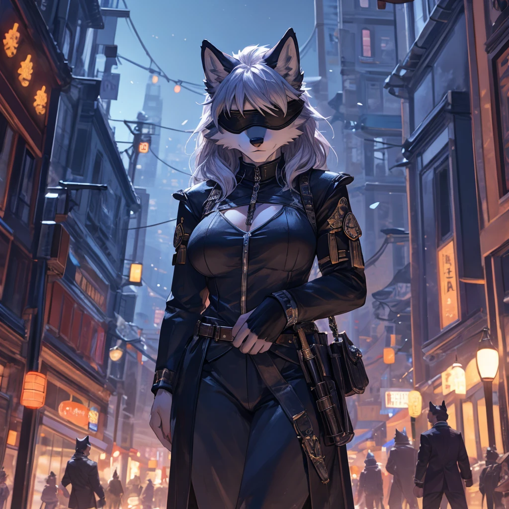 a single wolf girl with a black suit standing in middle of the night with a gun, 1girl, humanoid, anthro girl, furry girl, wolf ears, white hair, black blindfold, night in the city, poker face, no eyes, black suit, voluptuous, huge breast, beautiful background, 4k, insanely detailed, beautifully lit, masterpiece, best quality, ultra-detailed