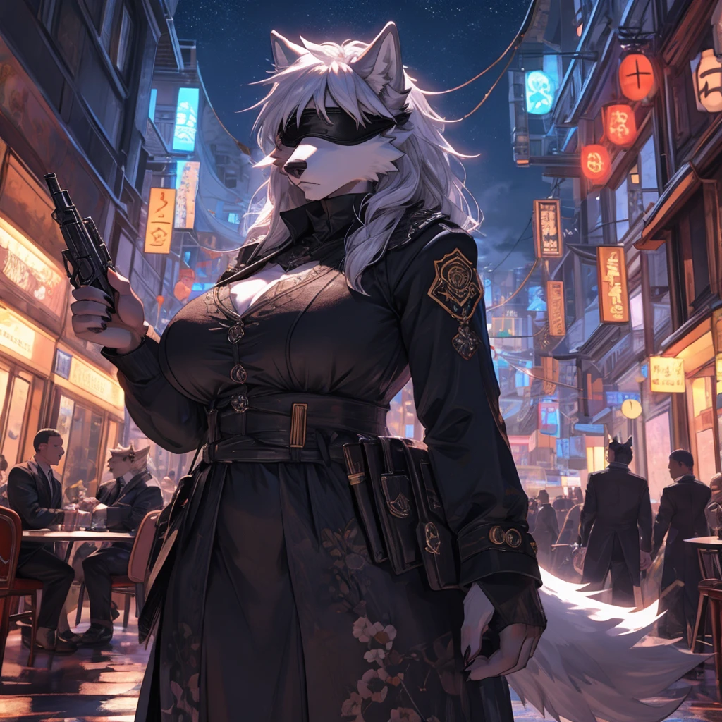 a single wolf girl with a black suit standing in middle of the night with a gun, 1girl, humanoid, anthro girl, furry girl, wolf ears, white hair, black blindfold, night in the city, poker face, no eyes, black suit, voluptuous, huge breast, beautiful background, 4k, insanely detailed, beautifully lit, masterpiece, best quality, ultra-detailed