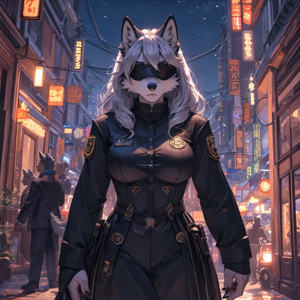 a single wolf girl with a black suit standing in middle of the night with a gun, 1girl, humanoid, anthro girl, furry girl, wolf ears, white hair, black blindfold, night in the city, poker face, no eyes, black suit, voluptuous, huge breast, beautiful background, 4k, insanely detailed, beautifully lit, masterpiece, best quality, ultra-detailed