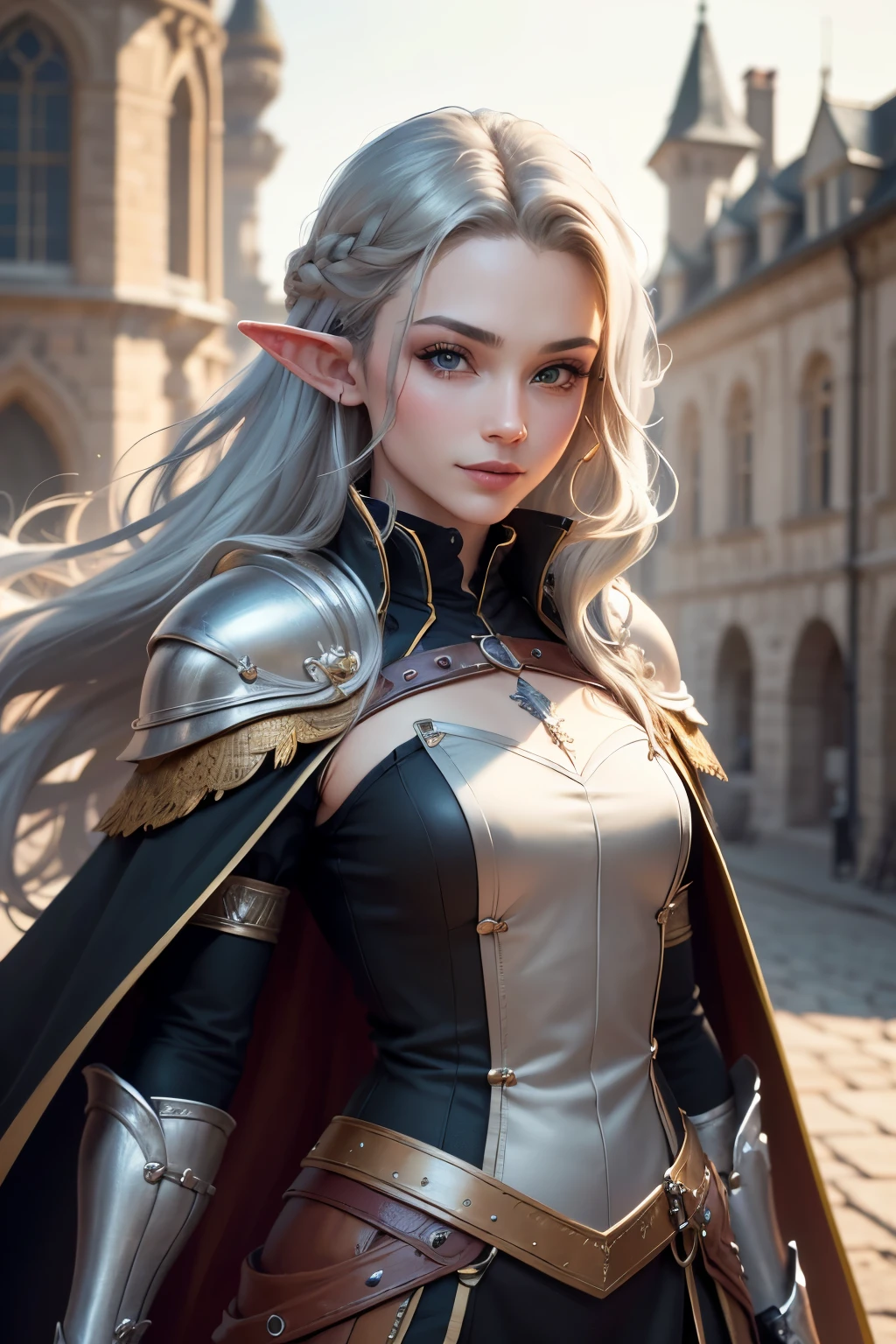((best quality)), ((masterpiece)), (detailed), Prize-winning works, with incredible details, maximum textures and details, uhd ,8K,super resolution ,depth of field, retina, masterpiece, anatomically correct, textured skin, super detail, high details, highres ,1 Medieval Fantasy RPG Female Elf Adventurer,hair in the wind,very long light silver wavy hair braid ,((yellow black hair,)),shy smile,similar to the work of JRR Tolkien,black long cape ,lightweight armour,fully body, hyper-detailed piercing eyes , (25 year old young man :1.1,detailedeyes, face detailed, whole body:1.1,the background is a magnificent castle ),(best qualityer:1.2,ultra detali:1.1,realisitic:1.37) ,eyeshadows,sharp focus,swirly vibrant colors,)