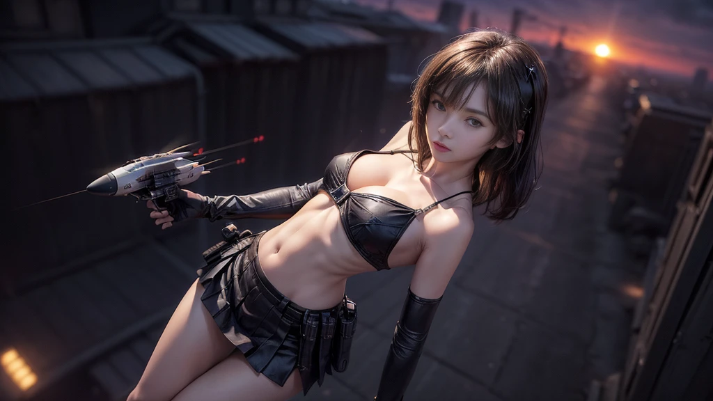 (((At night, ((very dark sunset sky)), (((1girl, solo))), a western woman, photo realistic, large-breast:1.2 slim body, cleavage, off tube top, short pleated miniskirt, standing on rooftop, matrix style black sunglasses, (shooting with a short gun), half-body thigh level medium:1.2 shot))). In the background, simple aerial view of a sci-fi futuristic city, (((flying vehicle speeding towards viewer))).