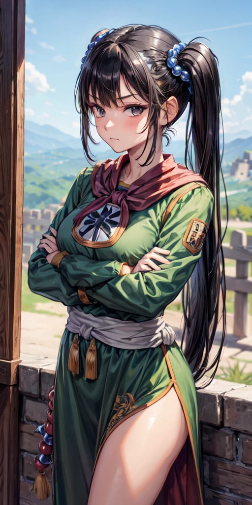 masterpiece, best quality, 4k, 8k, fighter (dq3), 1girl, solo, long hair, twintails, looking at viewer, black hair, hair ornament, long sleeves, dress, medium breasts, closed mouth, cowboy shot, black eyes, arm up, chinese clothes, hair bobbles, clenched hand, Standing Upright, Crossed Arms, Ancient Castle, 