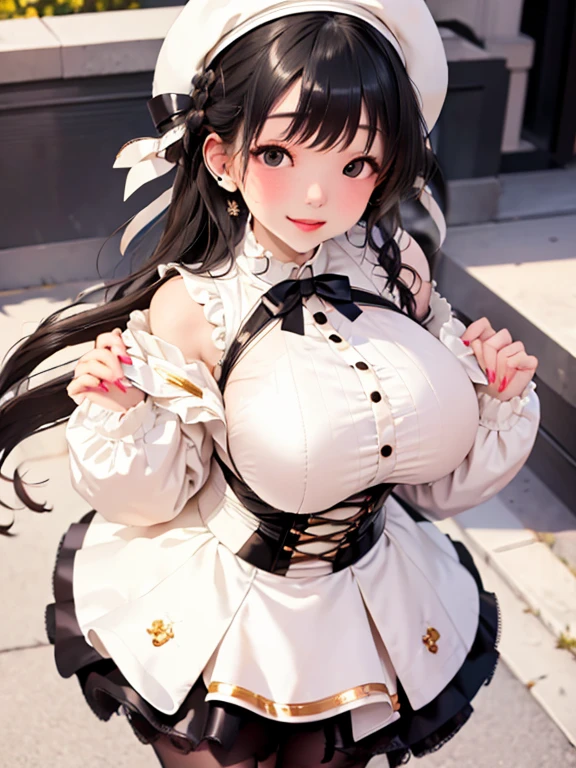(((Full and soft breasts,)))(((Huge breasts))) (((Cleavage))) (Perfect curvy figure)high quality,masterpiece。Cute long black hair woman,Hair style is long straight。She stands upright,Face and body facing the audience,real identity。She has nothing in her hands,Hands not raised。She looks tall。她的胸部Very large,Very large,Good style。She was all smiles,Very cute,Both eyes are brown。This dress is a white skirt,White corset,White jacket,Clothes that expose shoulders and chest。Wearing a white beret on his head。She stood,You are standing outdoors.。