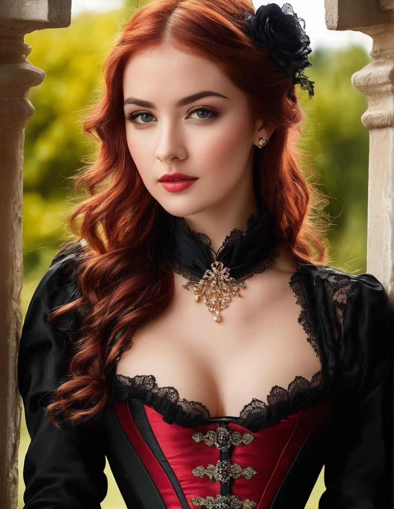 high quality fingers, normal hands, detailed fingers, masterpiece, (realistic, photo-realistic:1.37), (full body:1.5), (25 years old women), large breast, small waist, red hair, green eyes, beautiful face, perfect illumination, beautiful detailed eyes, looking at viewer, stunningly beautiful women, detailed hairstyle, detailed background, highly detailed and ornate Victorian ((duotone [red and black]) corset:1.5), detailed and stylish jewelry, background is a beautiful flower garden with gazebo.