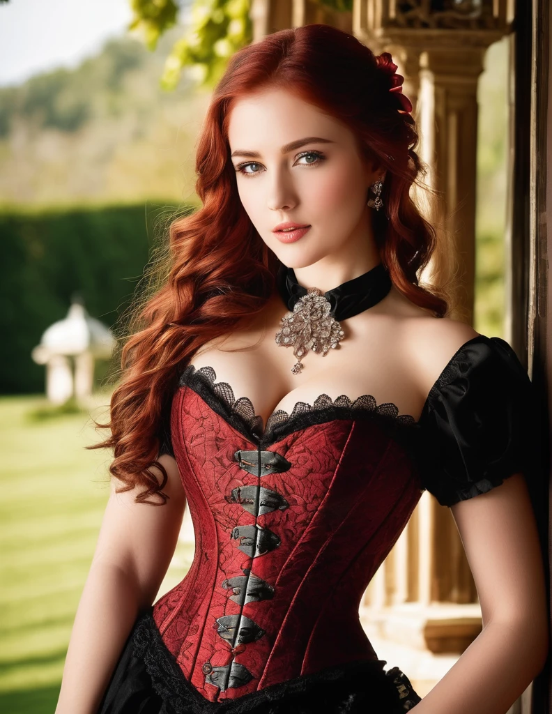 high quality fingers, normal hands, detailed fingers, masterpiece, (realistic, photo-realistic:1.37), (full body:1.5), (25 years old women), large breast, small waist, red hair, green eyes, beautiful face, perfect illumination, beautiful detailed eyes, looking at viewer, stunningly beautiful women, detailed hairstyle, detailed background, highly detailed and ornate Victorian ((duotone [red and black]) corset:1.5), detailed and stylish jewelry, background is a beautiful flower garden with gazebo.