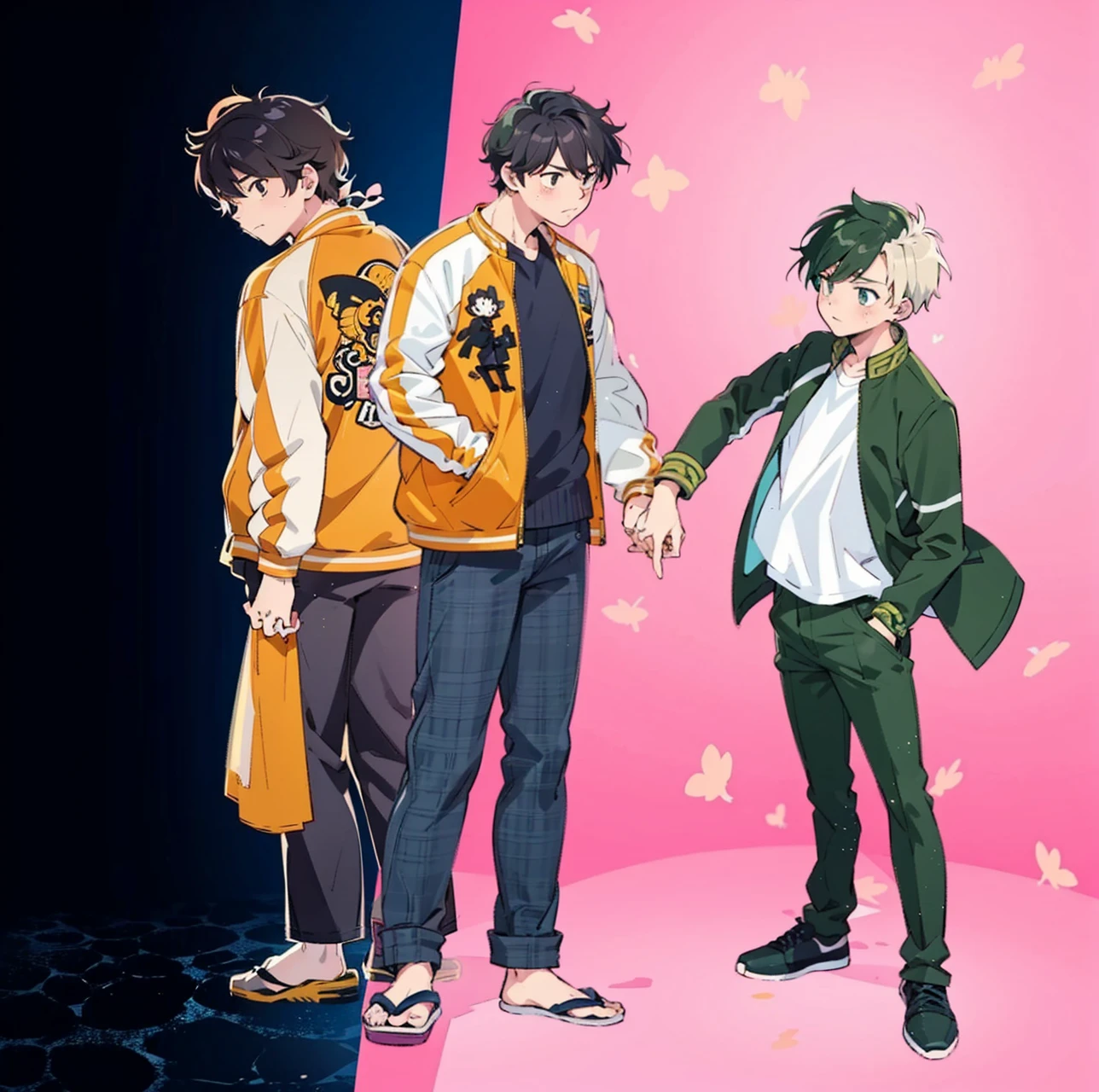 anime characters standing next to each other holding hands on a pink background, offcial art, visual principal do anime”, bishounen, official anime still, official fanart, inspired by Okumura Masanobu, anime key visual concept, koyoharu gotouge, offcial art do anime, official anime from the studio yet, official modern anime, main visuals of the anime, anime cel shaded