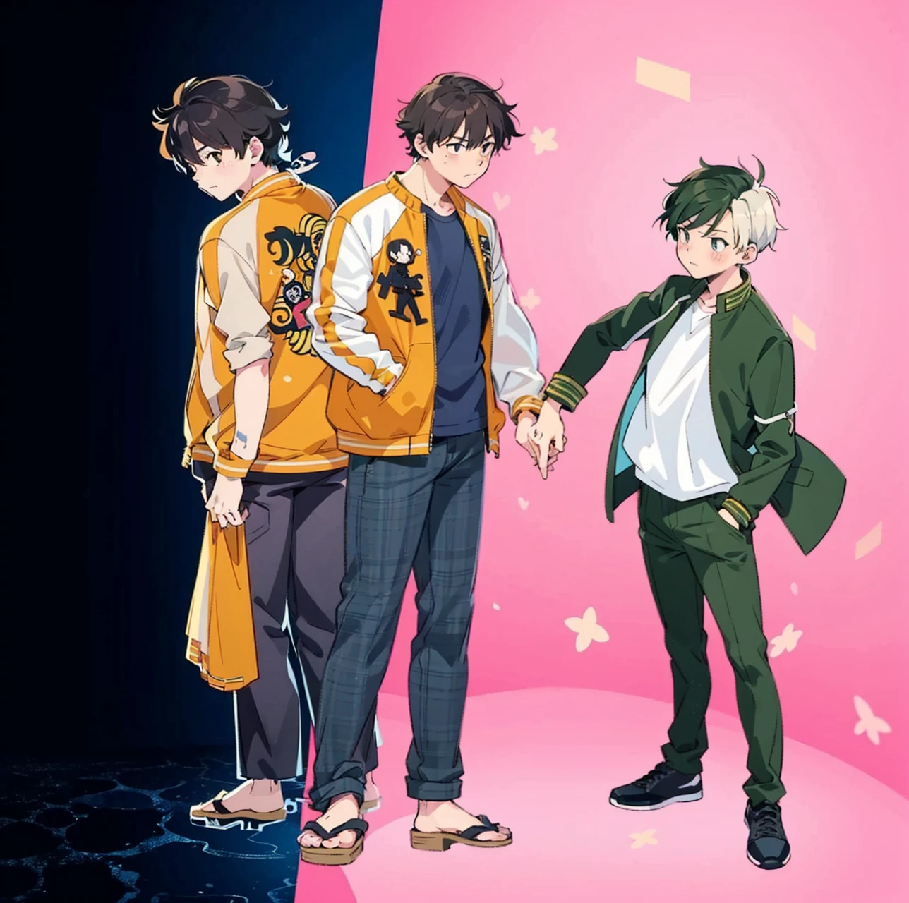 anime characters standing next to each other holding hands on a pink background, offcial art, visual principal do anime”, bishounen, official anime still, official fanart, inspired by Okumura Masanobu, anime key visual concept, koyoharu gotouge, offcial art do anime, official anime from the studio yet, official modern anime, main visuals of the anime, anime cel shaded