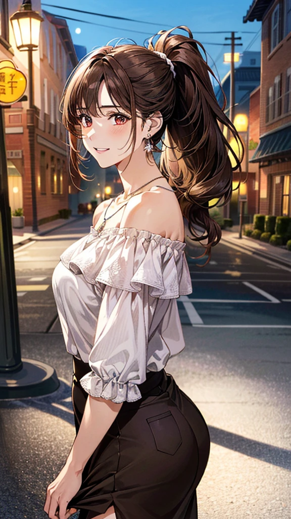 (masterpiece:1.3, Highest quality), Ultra-high resolution, Super detailed, (Realistic, photoRealistic:1.4), Beautiful illustrations, Perfect lighting, colorful, Depth of written boundary,
View your viewers, 1 Girl, alone, Female college student, Gravure Model, (Large Breasts:0.8, Big Ass, Captivating thighs, Skin Dentition),
(long hair:1.2, straight hair:1.2, (saddle-brown colored) hair, ponytail), 非対称の前hair, (brown) eye, drooping eye, big eye, Shiny skin,
beautiful hair, Beautiful Face, Highly detailed face, beautiful detailed eye, Beautiful clavicle, Beautiful body, Beautiful breasts, Beautiful thighs, Beautiful feet, Beautiful fingers,
(Detailed cloth texture, Pink off-shoulder blouse:1.2、Long skirt:1.3), Earrings、necklace、
(Beautiful views), (evening), (Downtown), walking, (Cute smile),
