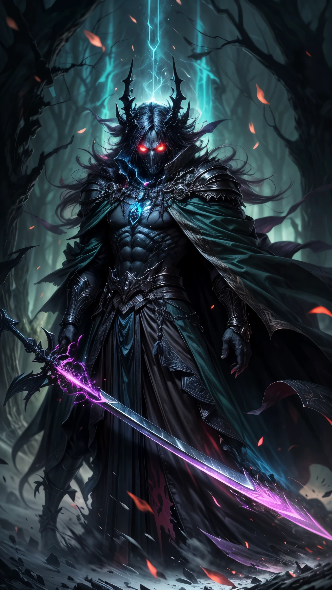 A dark and ominous creature, a god of death with a black crown, red glowing eyes, dynamic point of view, a fantasy character with a large torn black cape, wearing black and torn clothes, holding a magic sword with a blue and green aura around it, magical effects surrounding the sword, dark evening outdoor background on a dark plain