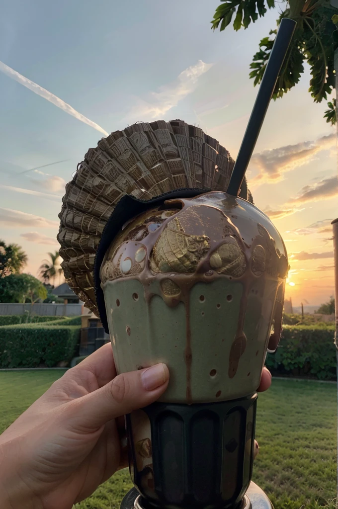 "FERRERO ROCHER MILKSHAKE" holded by a man wearing black glove hand in a green beautiful yard with sunset, a picture like reddit amateur ones, taken by phone, really good camera like real with high detail, juicy and mouth watering that can go viral

