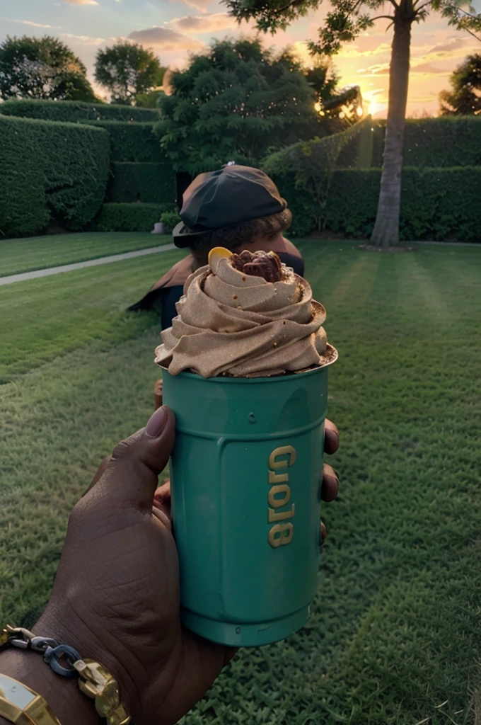 "FERRERO ROCHER MILKSHAKE" holded by a man wearing black glove hand in a green beautiful yard with sunset, a picture like reddit amateur ones, taken by phone, really good camera like real with high detail, juicy and mouth watering that can go viral