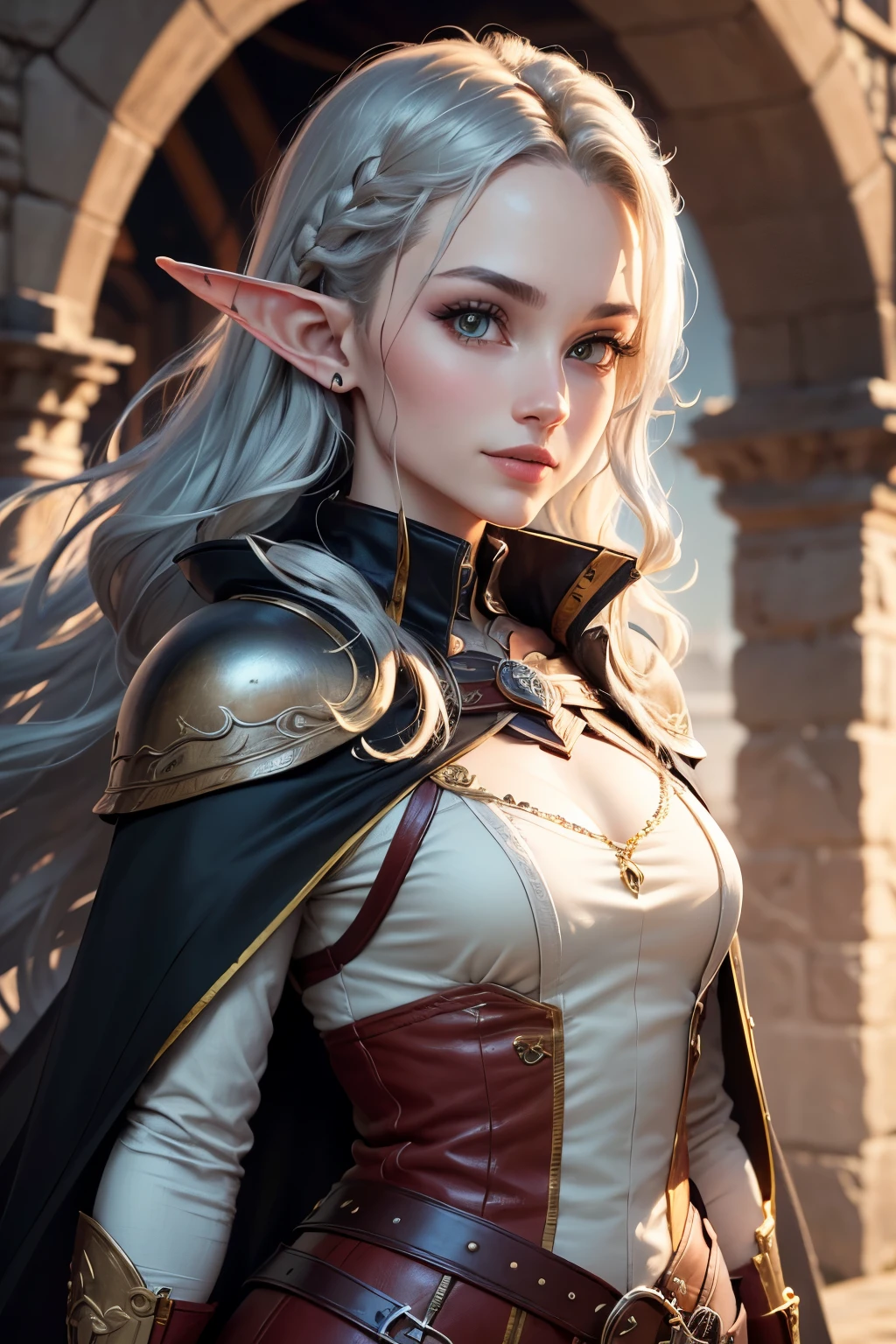 ((best quality)), ((masterpiece)), (detailed), Prize-winning works, with incredible details, maximum textures and details, uhd ,8K,super resolution ,depth of field, retina, masterpiece, anatomically correct, textured skin, super detail, high details, highres ,1 Medieval Fantasy RPG Female Elf Adventurer,hair in the wind,very long light silver wavy hair braid ,((yellow black hair,)),shy smile,similar to the work of JRR Tolkien,black long cape ,lightweight armour,fully body, hyper-detailed piercing eyes , (25 year old young man :1.1,detailedeyes, face detailed, whole body:1.1,the background is a magnificent castle  ),(best qualityer:1.2,ultra detali:1.1,realisitic:1.37) ,eyeshadows,sharp focus,swirly vibrant colors,)