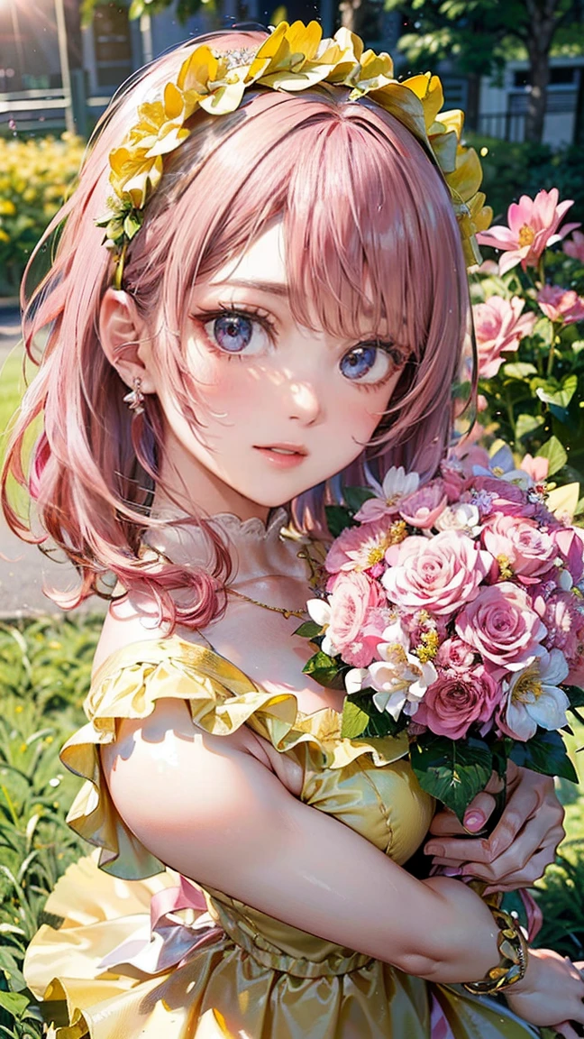 (Masterpiece, BestQuality:1.3), (ultra detailed:1.2), (hyperrealistic:1.3), (RAW photo:1.2), High detail RAW color photo, professional photograph, (Photorealistic:1.4), (realistic:1.4), (Pink Hair:1.5), professional lighting, perfect anatomy, (Big Breasts:1.2), (blush, detailed face), (cheerful Smile:1.5), Trending Hair&Trending Hairカラーをランダムに, earrings, necklace, bracelet, sexly, erotic sexly, Random sexy gravure poses, (Beautiful cosplayer wearing a yellow frilly dress、With an innocent smile in the flower field、holding a bouquet in her hand。Flower crown on head、On her feet she wears white sandals。:1.3)