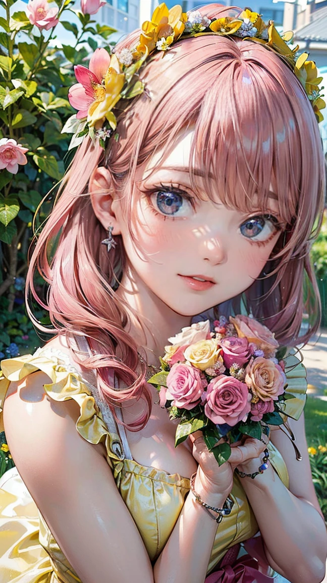 (Masterpiece, BestQuality:1.3), (ultra detailed:1.2), (hyperrealistic:1.3), (RAW photo:1.2), High detail RAW color photo, professional photograph, (Photorealistic:1.4), (realistic:1.4), (Pink Hair:1.5), professional lighting, perfect anatomy, (Big Breasts:1.2), (blush, detailed face), (cheerful Smile:1.5), Trending Hair&Trending Hairカラーをランダムに, earrings, necklace, bracelet, sexly, erotic sexly, Random sexy gravure poses, (Beautiful cosplayer wearing a yellow frilly dress、With an innocent smile in the flower field、holding a bouquet in her hand。Flower crown on head、On her feet she wears white sandals。:1.3)