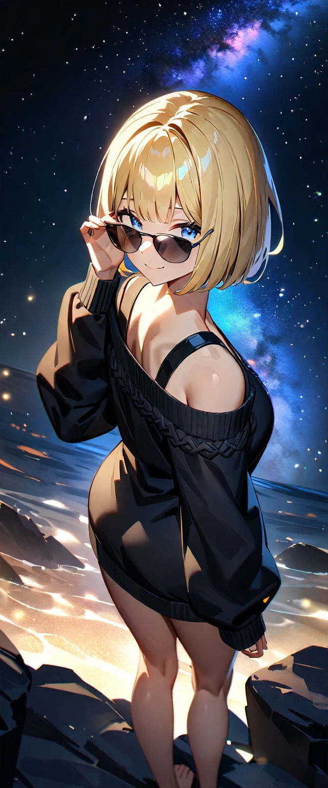 (((a beautiful starry sky, the Milky Way shining beautifully in the night))), ((bare legs)), (((sunglasses, hand to sunglasses))), ((Aran sweater)), ((((from back, from above)))), upper body, ((sitting on the very high cliff)), wavy hair, inward curled hair, sea, beach, ((blond hair, bob cut:1.3)), breasts, teenager, (looking at another), oversized clothes, puffy long sleeves, ((off-shoulder sweater:1.3, Quite thick shoulder straps)), ((black sweater)), collarbone, head tilt:1.3, (((blue eyes))), happy smile, (((anime style))), (best quality, 4K, 8K, highres, masterpiece:1.2, ultra-detailed, ultra-detailed eyes, HDR, uhd, studio lighting, ultra-fine painting, sharp focus, physically-based rendering, extreme detail description, professional, vivid colors, bokeh)