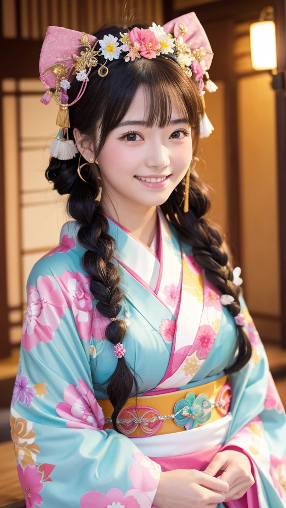 Love goddess, flushed cheeks, early 20s, hairstyle and kimono like Orihime from Tanabata, kimono and hair accessories with lots of decorations, big smile, sparkling eyes