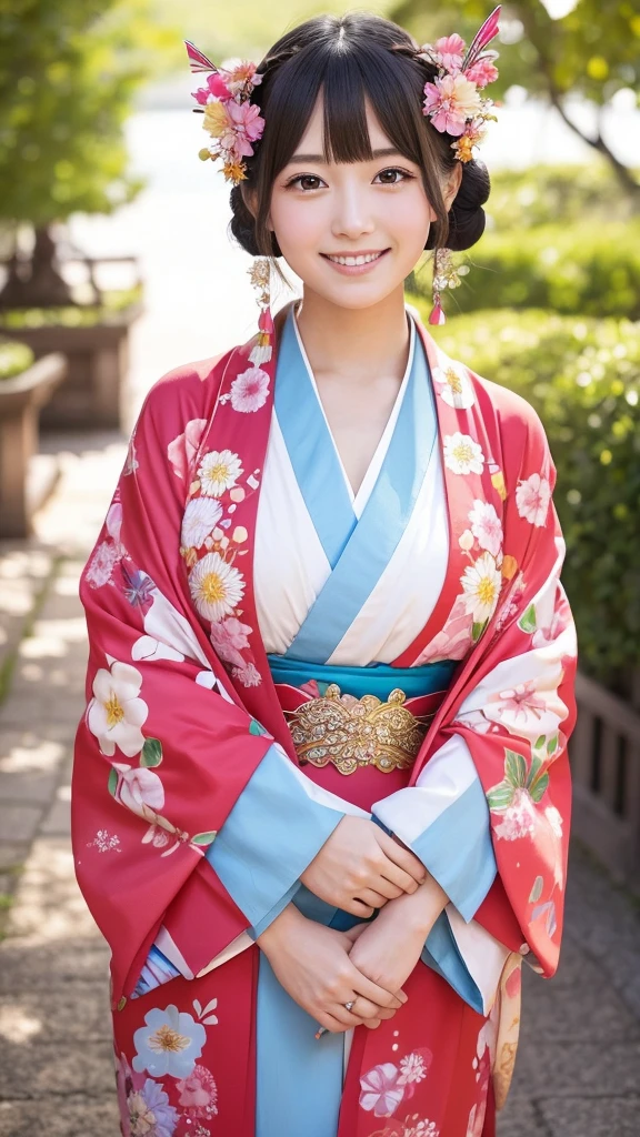 Love goddess, flushed cheeks, early 20s, hairstyle and kimono like Orihime from Tanabata, kimono and hair accessories with lots of decorations, big smile, sparkling eyes