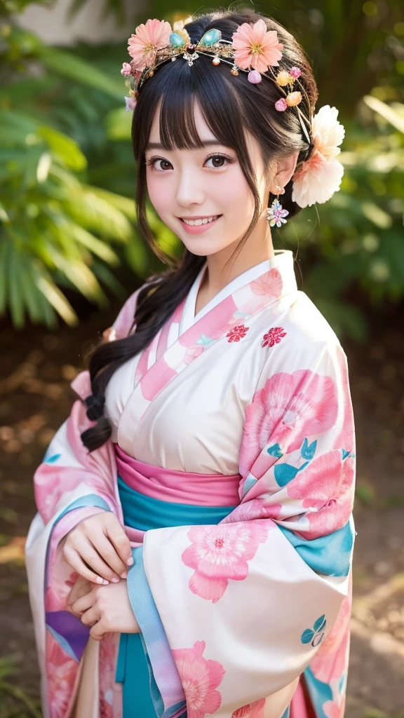 Love goddess, flushed cheeks, early 20s, hairstyle and kimono like Orihime from Tanabata, kimono and hair accessories with lots of decorations, big smile, sparkling eyes