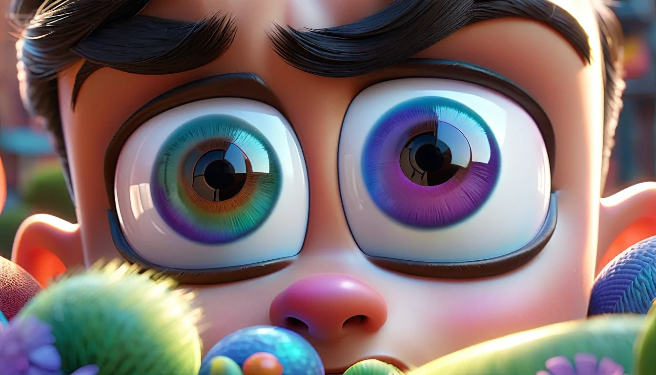 "A close-up of a character's eyes, with tiny, vibrant scenes of life reflected within their pupils, in a magical 3D Disney Pixar style."