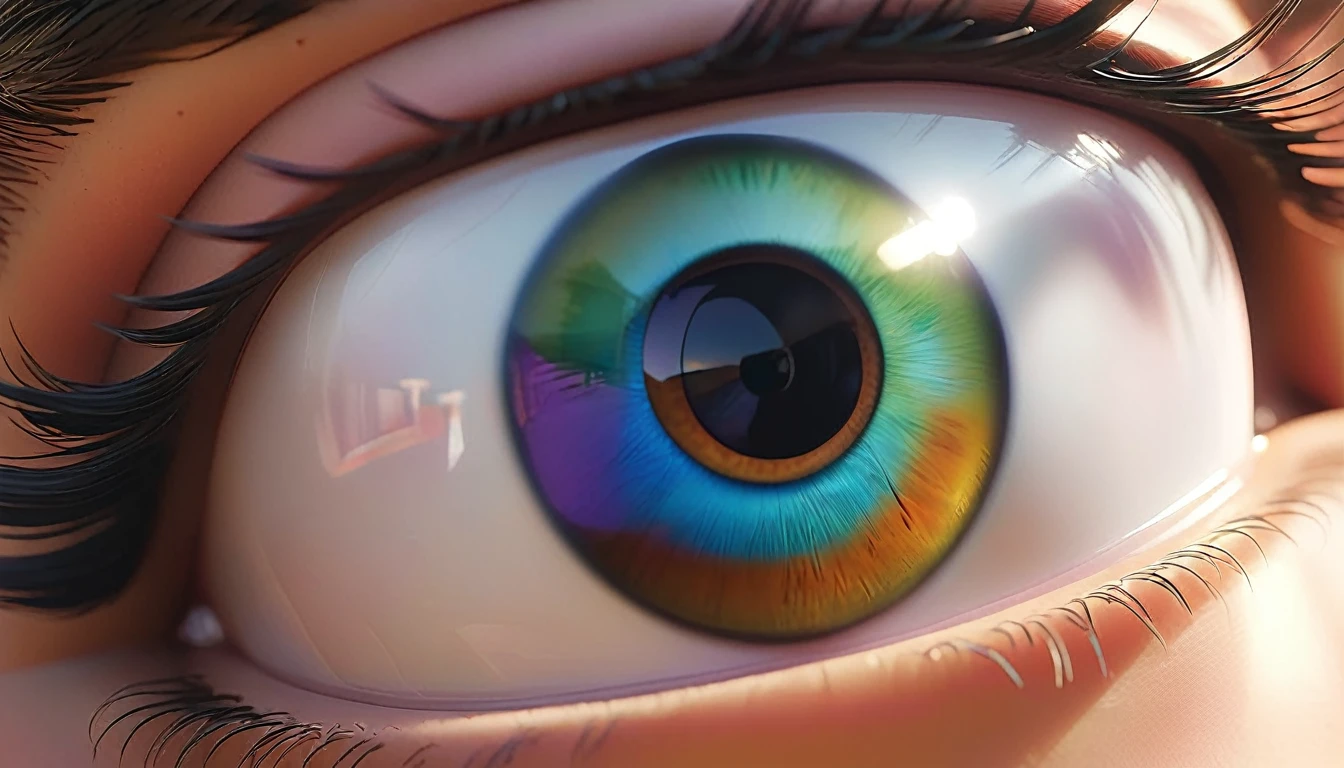 "A close-up of a character's eyes, with tiny, vibrant scenes of life reflected within their pupils, in a magical 3D Disney Pixar style."