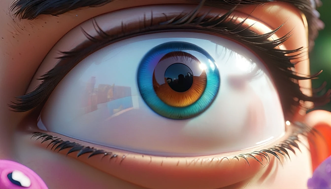 "A close-up of a character's eyes, with tiny, vibrant scenes of life reflected within their pupils, in a magical 3D Disney Pixar style."
