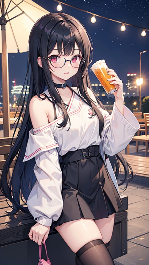 masterpiece, Highest quality, cheers,Black Hair,Pink eyes,Long Hair,Straight Hair,Glasses,White off-the-shoulder T-shirt,Night Sky,beer garden,thick line touch,Reach for the screen