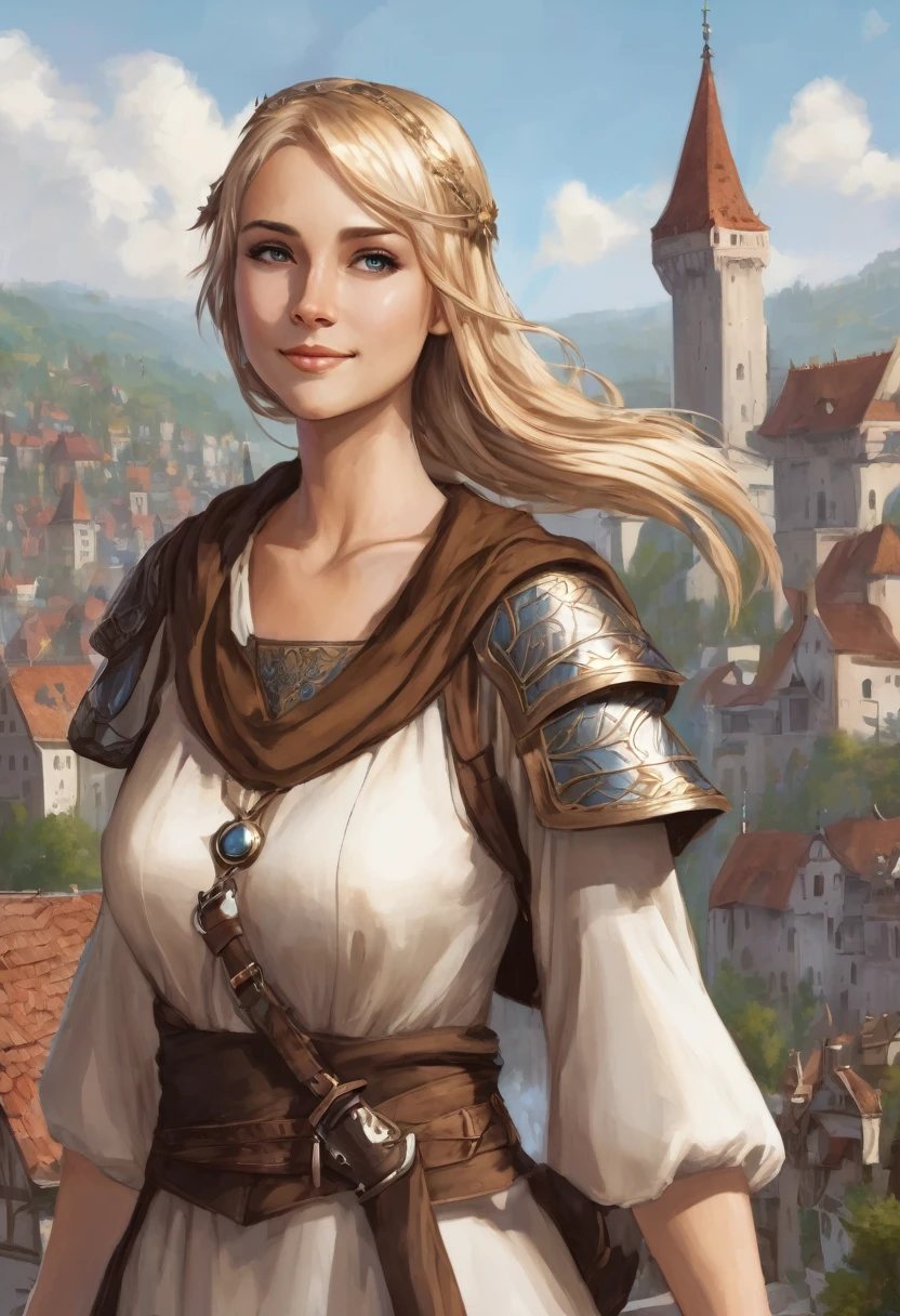 1 female woman, normal face, fantasy, 30 years, she is wearing brown cheap medieval clothes, she has blond bobcut hair, she has grey eyes, she is smiling, town in the background, fantasy, she has one angelic big wing white, flat chest