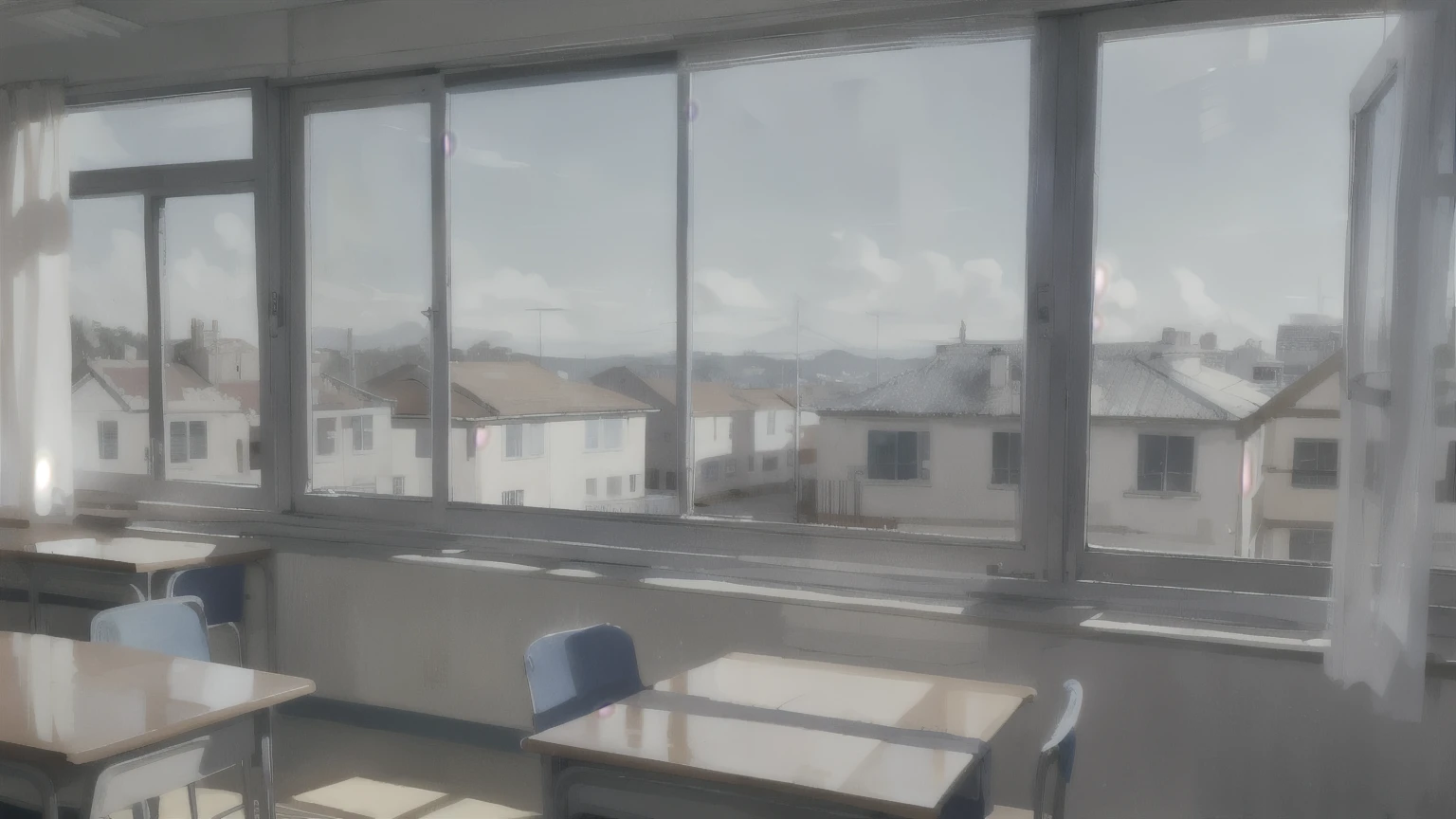 The clear blue sky outside the classroom window
