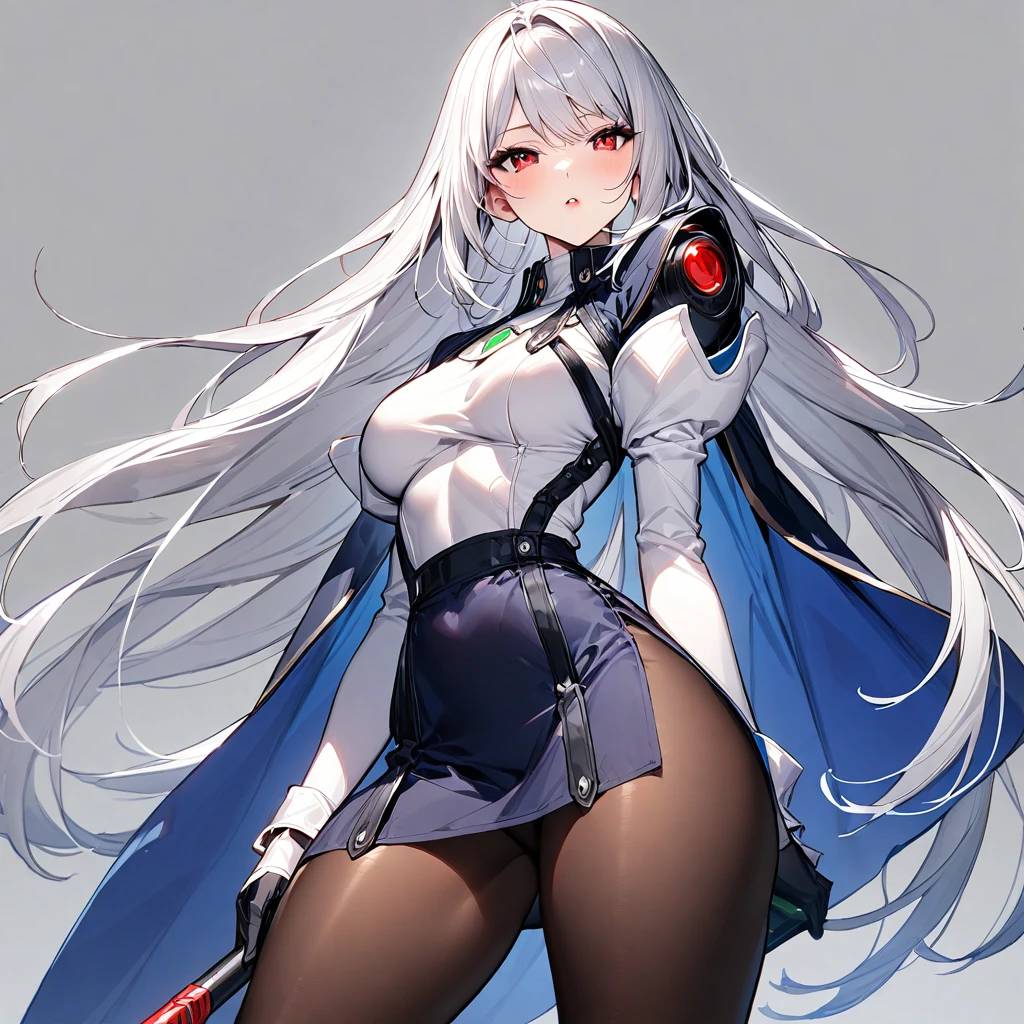 (masterpiece),(Highest quality),(Super detailed),(Best illustrations),(so beautiful), so beautiful長い脚, Silver Hair, Red eyes, Very long hair, Female Wizard, White dress, Blue Cape, Roll-up skirt, pantyhose, holding weapon, huge sword,