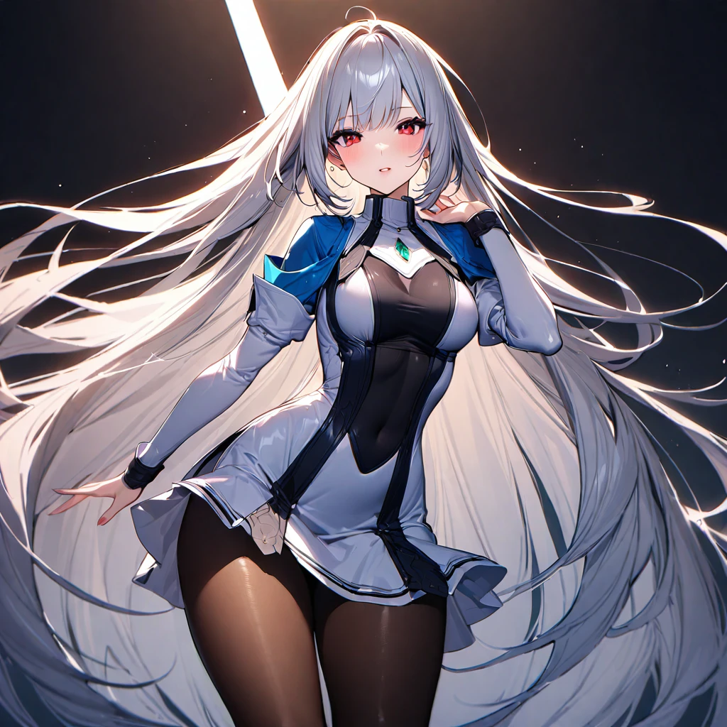 (masterpiece),(Highest quality),(Super detailed),(Best illustrations),(so beautiful), so beautiful長い脚, Silver Hair, Red eyes, Very long hair, Female Wizard, White dress, Blue Cape, Roll-up skirt, pantyhose,  holding weapon, huge sword,