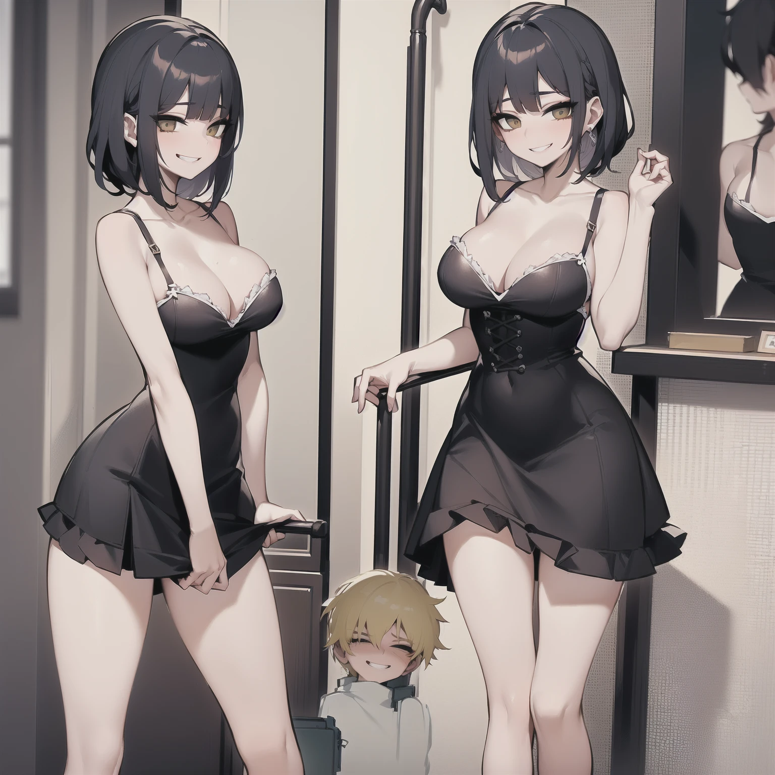 two sexy women looking down at boy with blonde hair, seductive smiles, portrait, various hair
