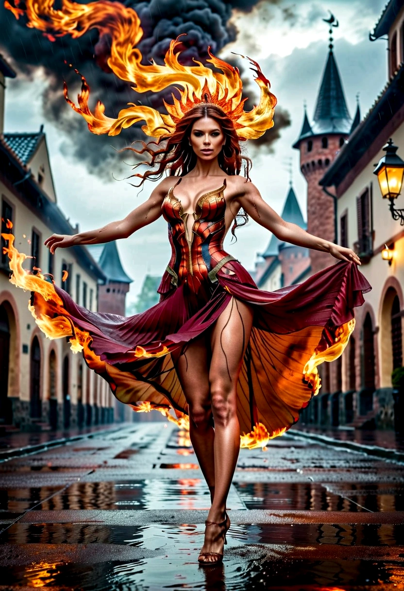 a sorceress of fire making fire dance in a the storm of rain, a most exquisite beautiful sorceress, controlling fire manipulating fire, a woman, dynamic hair color, dynamic hair style, wet hair, wet face, dynamic eyes color, full body shot, wearing dress made of fire, wearing intricate high heels, light make up, dancing in courtyard of a fantasy castle, ((heavy rain drops: 1.1)), clouds in the sky,  (anatomically correct: 1.4), (full body shot: 1.1) , vibrant, Ultra-high resolution, High Contrast, (masterpiece:1.5), highest quality, Best aesthetics), best details, best quality, highres, ultra wide angle, 16k, [ultra detailed], masterpiece, best quality, (extremely detailed),  firecd_xl, phoenix dress, FireMagicAI