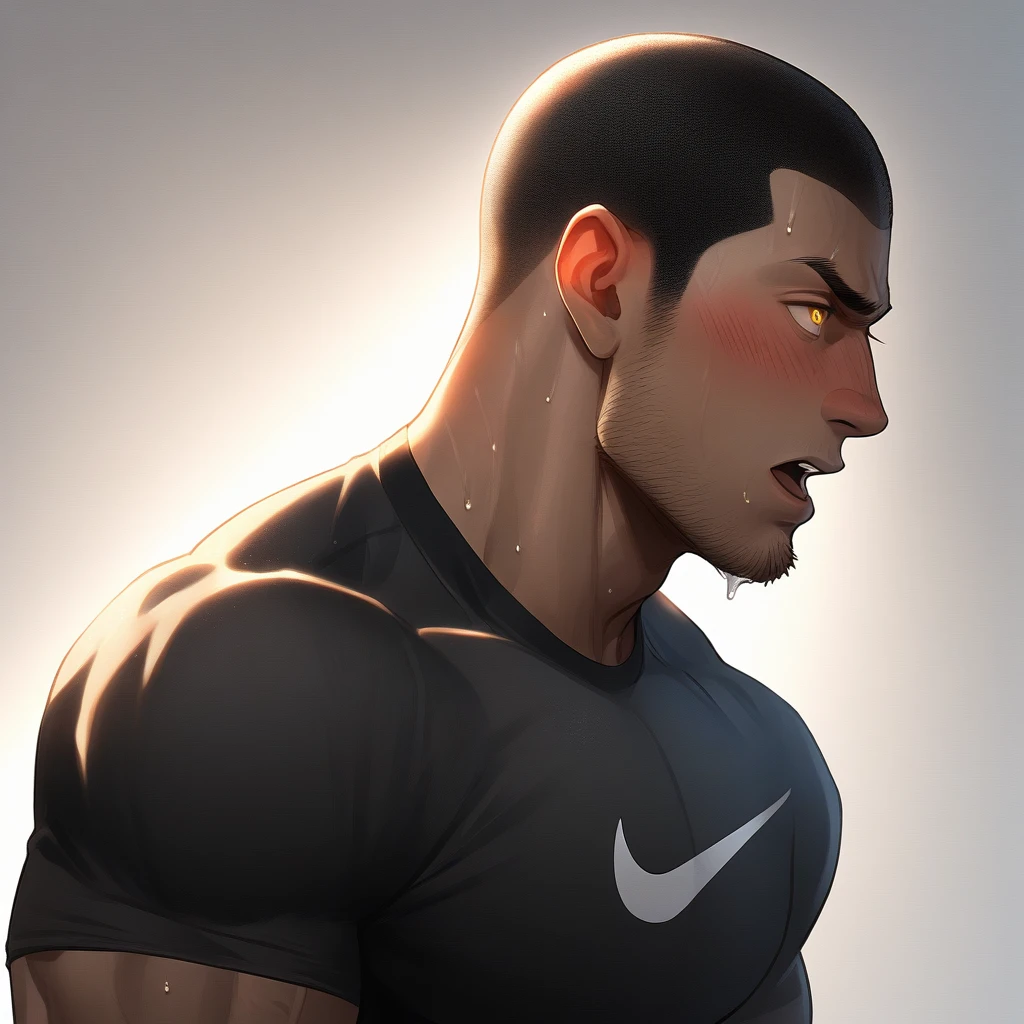 1muscular sportsman, Athlete，male focus, Buzz Cut, Yellow and black tight T-shirt, nike logo，Very tight, muscular male, muscular, only, Upper body, alone, look to the side, short hair, stubble, sweat, black hair, Yellow eyes, open lips, White background, simple background, amazing quality, best aesthetics, Ridiculous, crew cut, moaning, blush, clair obscur, cinematic lighting, best quality, textured skin