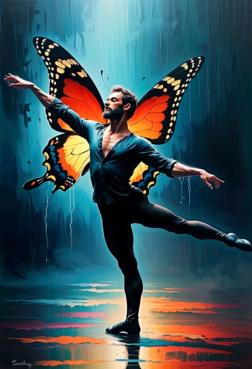 Soul Dancer Mark,heavy rain,A homeless man dancing alone in the rain,soul,Barefoot,Loose and worn clothes,(((Professional ballet movements,Fingertips 1 erfly))),Very contagious,Splash,Light and Shadow,Minimalism,artistic conception,Iron chain background