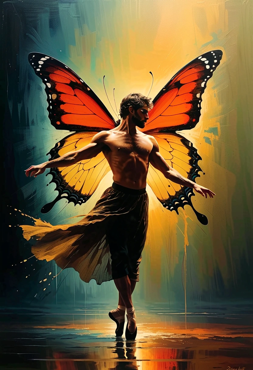 Soul Dancer Mark,heavy rain,A homeless man dancing alone in the rain,soul,Barefoot,Loose and worn clothes,(((Professional ballet movements,Fingertips 1 butterfly))),Very contagious,Splash,Light and Shadow,Minimalism,artistic conception,Iron chain background